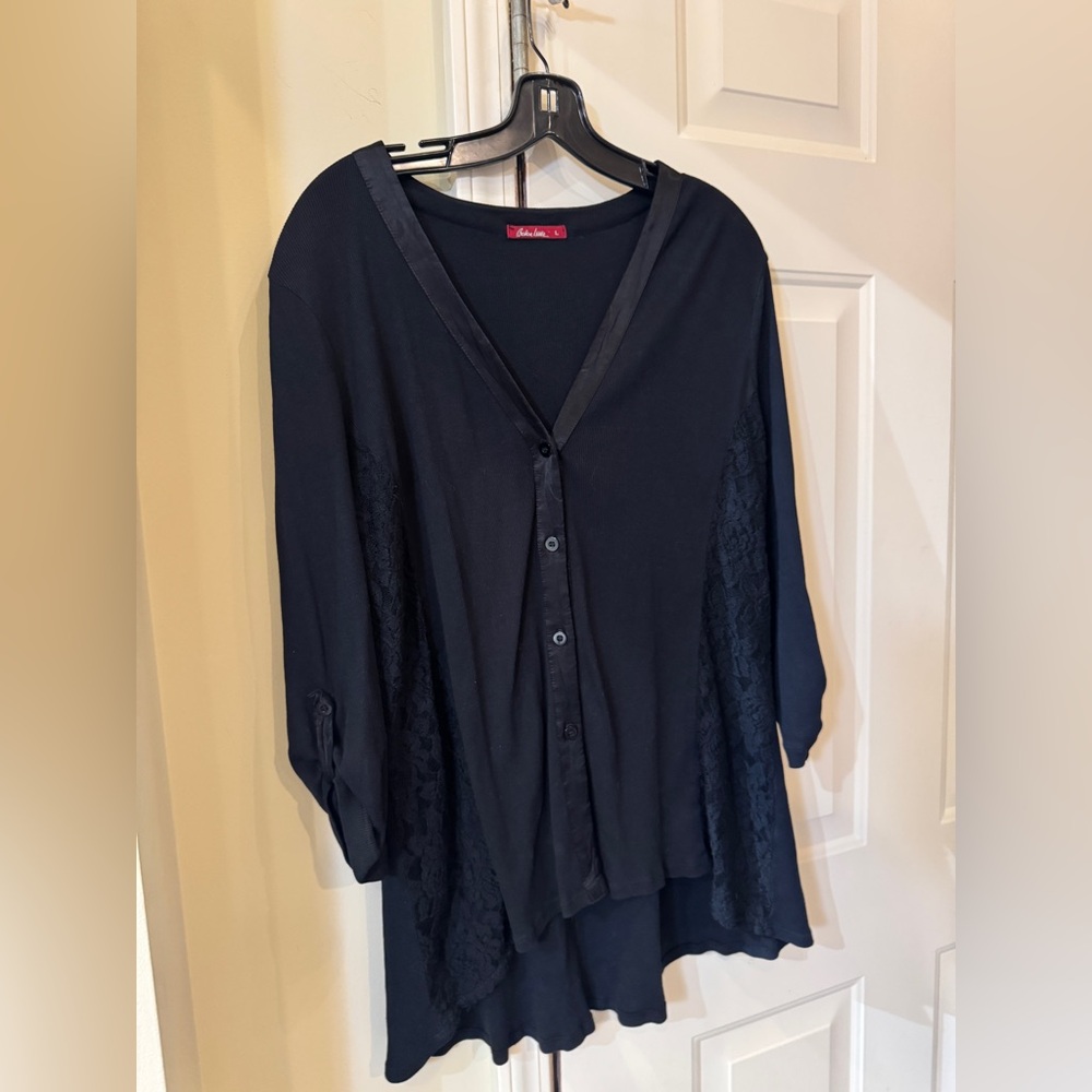 Barbara Lesser Black/Lace Satin‎ Button Blouse  tunic